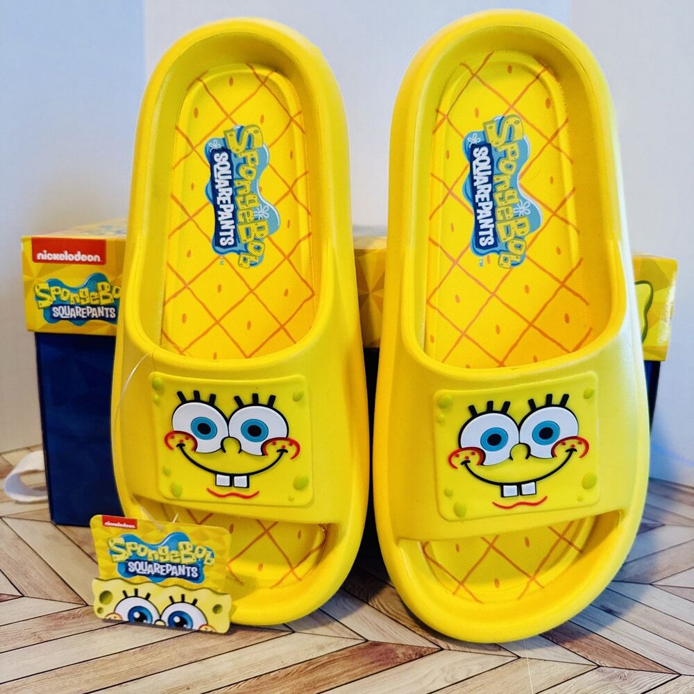 SpongeBob‎ SquarePants Men’s 8 Slides Ground Up Slip On Sandals Yellow Pool